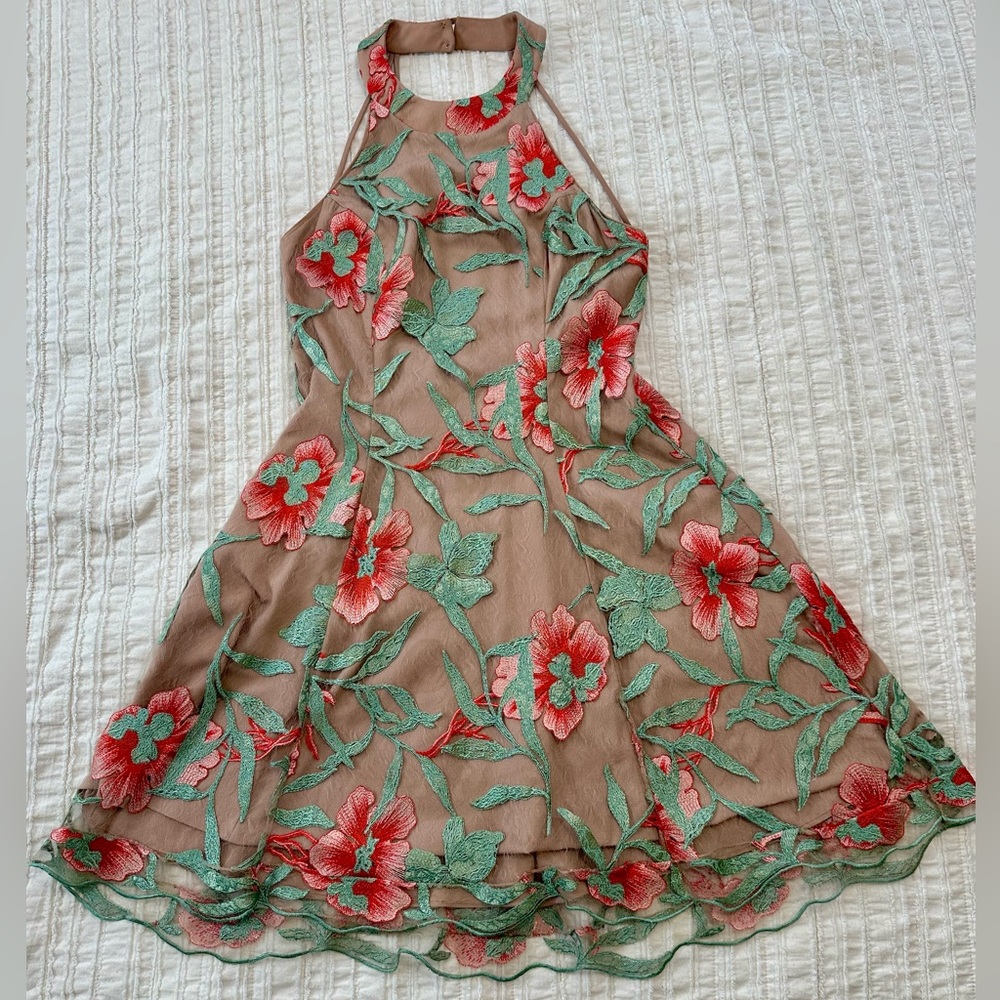 Dress The Population Mini Halter Neck Embroidered Dress